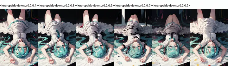 masterpiece,best quality,1girl,hatsune miku,upside-down,lying,white dress,<lora:upside-down_v0.2:0.1>,
