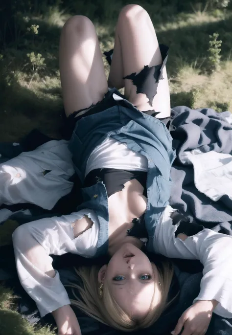 ((best quality)), ((detailed)), ((realistic)), android 18 defeated, on the ground, in a field, nature, upside-down, torn clothes, navel, nipples, vagina, angry, and18, 1girl, android 18, solo, blonde hair, blue eyes, short hair, earrings, jewelry, denim vest, open vest, black pantyhose, black shirt, denim skirt, striped long sleeves, blue skirt, large breasts, <lora:Clothes:0.8> torn clothes, <lora:android_18_v110:0.6> android_18, and18, 1girl:1.2, <lora:upside-down_v0.2:1>