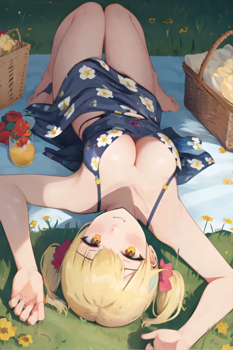 masterpiece, highest quality, High resolution, One 10-year-old girl、blue eyes、
blonde, Braiding、White bra、White panties、garden、flower bed、Lying on the grass