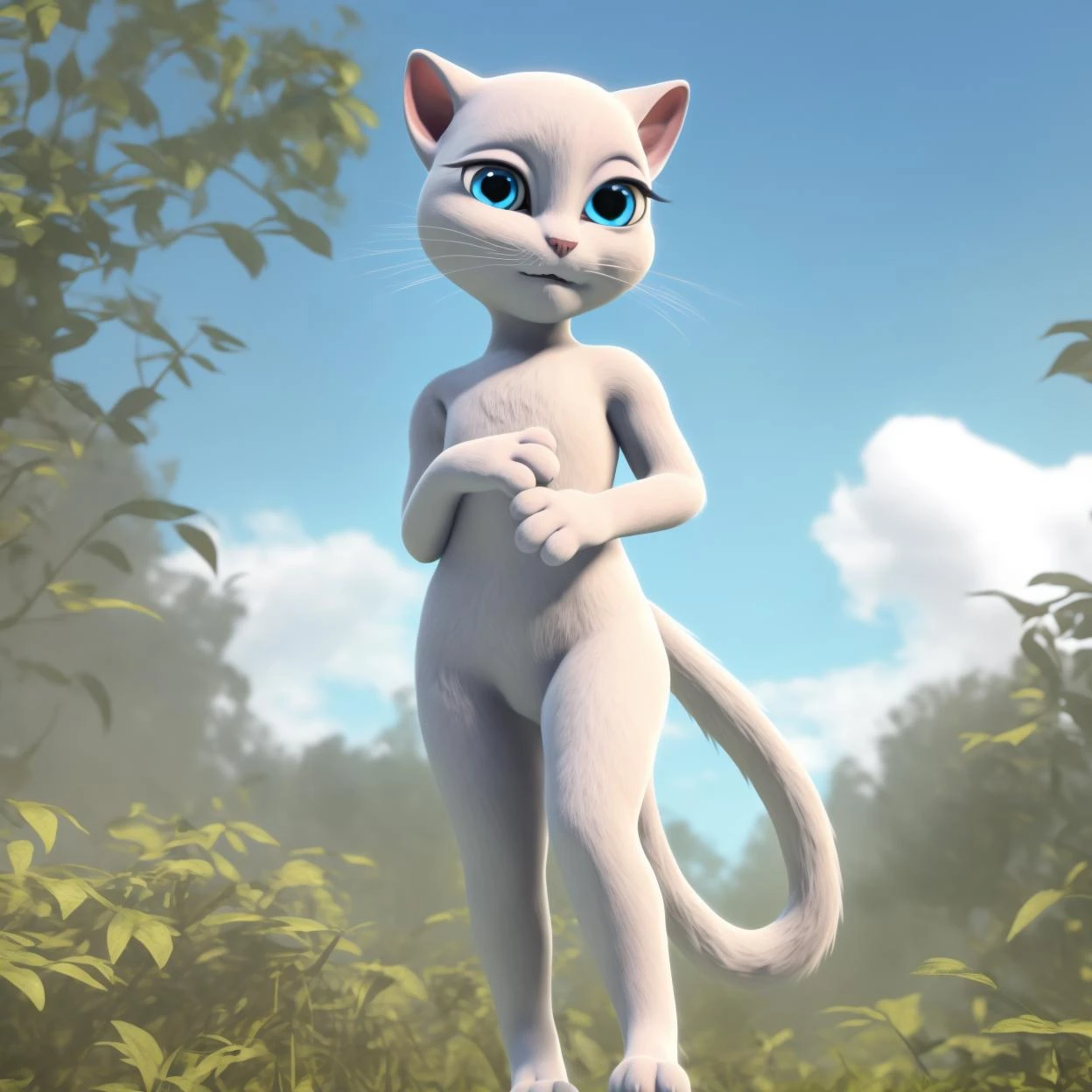 ( sexy pose 3.9)( Full Black Eyes 3.9)( Smile 3.9) ( looking pleasured 3.9), ( Realistic Cat Paws 3.9)anthro solo, mammal, feline, cat,, nude , hi res, blue eyes, Forest Sky (Cloudy Day 1.8) (Godrays 1.9) Realistic 8K 18mm f/1.8<lora:My Talking Angela:1.0>, My Talking Angela Cat White Fur Nude Detailed Fur