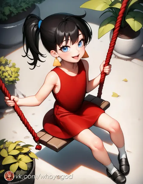 zPDXL, source_anime, rating_safe, BREAK
<lora:zvzd_pdxl:1>,
1girl, solo, solo focus,
looking at viewer, open mouth, smile, v, sitting, shoes, from above, socks, black footwear, outdoors, plant, blush, swing, :d,holding,
zvezdochka,red dress,sandals,sleeveless, flat chest, golden earrings,black hair, ponytail,blue eyes,