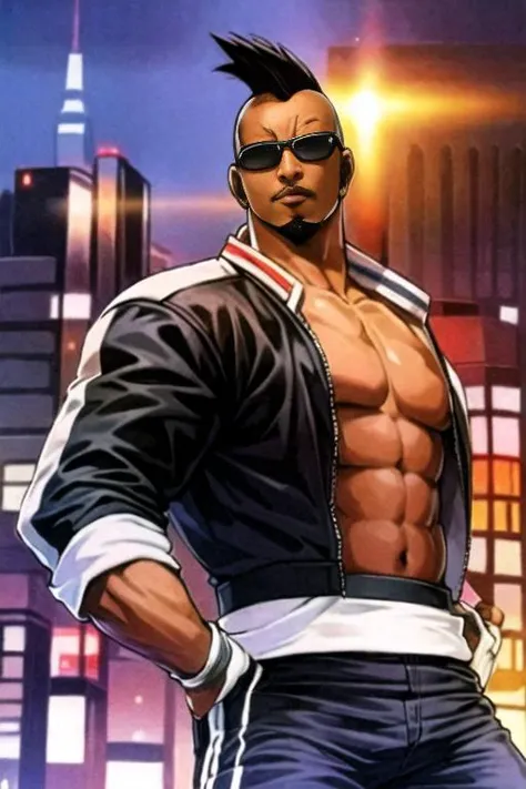kofheavyd, 1guy, solo,sunglasses, jacket, masterpiece, hands on hips, ((city at night:1.2)), detailed picture , goatee:0.4, high quality, excellent rendering, fingerless gloves, <lora:GoodHands-beta2:1> <lora:HeavyD-000005:1> <lora:Elixir:0.5>
