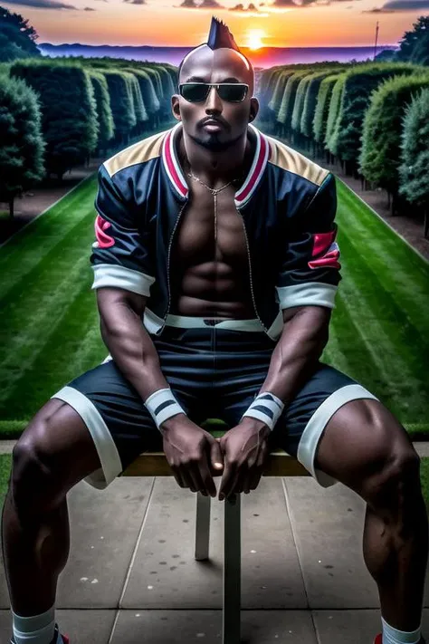 kofheavyd, 1guy, jacket, sunglasses, sitting, view from above, looking to viewer, fingerless gloves, green grass, shorts, detailed eyes, extremely detailed, highres, absurdres, intricate, sharp focus, sunset at the beacj, 40 megapixel, 500 dpi, best quality, masterpiece, highres, perfect picture, highly detailed, high contrast , digital colors, solo, medium shot <lora:HeavyD-000005:1>
