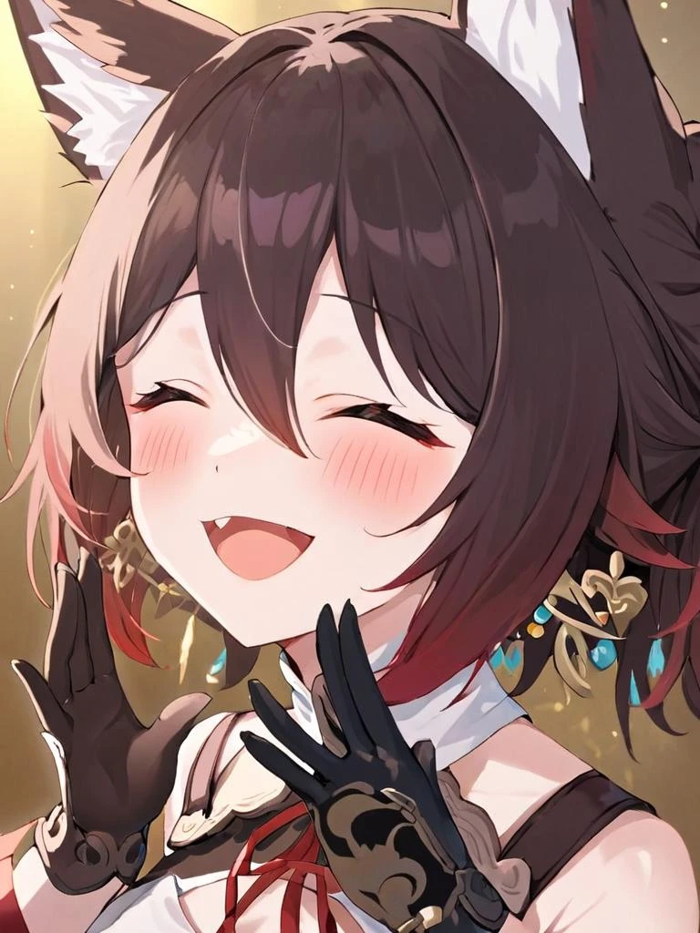 ultra-detailed,(best quality),((masterpiece)),(highres),original,extremely,<lora:tingyunx 2_xl:1>,tingyun,animal ears,closed eyes,1girl,gloves,open mouth,multicolored hair,earrings,fox ears,black gloves,jewelry,animal ear fluff,blush,bangs,pov,black hair,hair between eyes,smile,brown hair,facing viewer,virtual youtuber,gradient hair,single earring,red eyeshadow,solo focus,makeup,ribbon,red ribbon,red hair