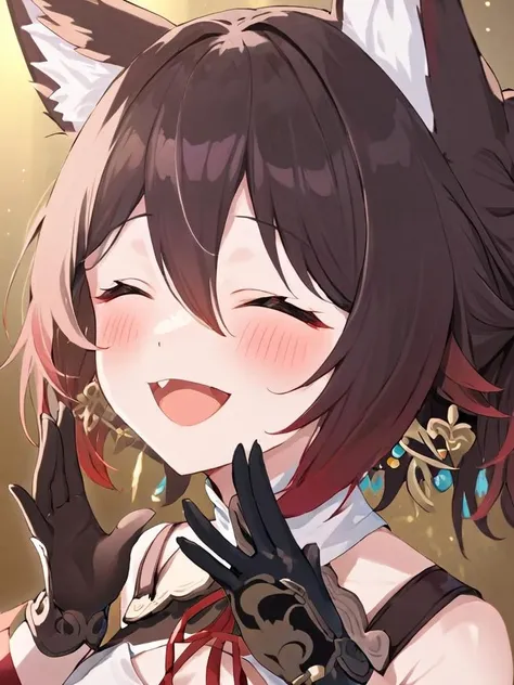 ultra-detailed,(best quality),((masterpiece)),(highres),original,extremely,<lora:tingyunx 2_xl:1>,tingyun,animal ears,closed eyes,1girl,gloves,open mouth,multicolored hair,earrings,fox ears,black gloves,jewelry,animal ear fluff,blush,bangs,pov,black hair,hair between eyes,smile,brown hair,facing viewer,virtual youtuber,gradient hair,single earring,red eyeshadow,solo focus,makeup,ribbon,red ribbon,red hair
