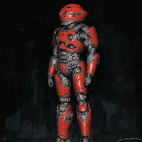 <lora:arielp:1.0>,
(arielpstyle:1.0), dark, horror, creepy, creepy-looking, painting, lovecraftian, grease, painting \(medium\), drawing, brush stroke,
red robot standing in a dark room with a black background and a black background behind it, with a black background and a black background with a red robot, armor, solo, science fiction, realistic, helmet, glowing