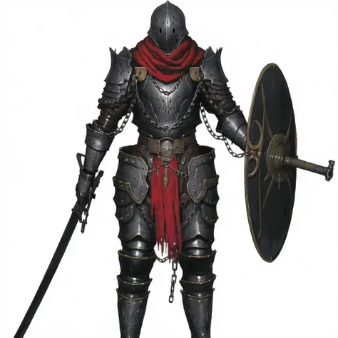 <lora:arielp:1.0>, 

(arielpstyle:1.0), dark, horror, creepy, creepy-looking, painting, lovecraftian, grease, painting \(medium\), brush stroke, 

arielpstyle, a man in armor holding a sword and a shield with a chain on it's neck and a red scarf on his head, white background, simple background, solo, weapon, 1boy, armor, full body
