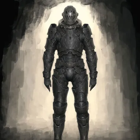 <lora:arielp:1.0>,
(arielpstyle:1.0), dark, horror, creepy, creepy-looking, painting, lovecraftian, grease, painting \(medium\), brush stroke,
a stylized image of a man in a space suit standing in a dark room with smoke behind him and a black background, armor, solo, helmet, full armor, greaves, shoulder armor, standing, pauldrons, breastplate, black background, 1other, gauntlets