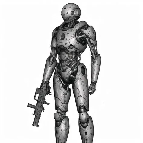 <lora:arielp:1.0>, 

(arielpstyle:1.0), dark, horror, creepy, creepy-looking, painting, lovecraftian, grease, painting \(medium\), drawing, brush stroke, 

drawing of a robot holding a gun and a gun in his hand, with a white background and a black outline, solo, science fiction, white background, weapon, sketch, realistic, cyborg, simple background, monochrome, standing, greyscale, cyberpunk, joints, alien