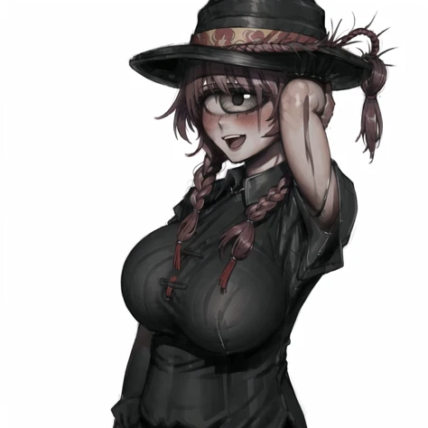 <lora:arielp:1.0>,
(arielpstyle:1.0), dark, horror, creepy, creepy-looking, painting, lovecraftian,
<lora:cyclops_retro_ham_avas_jun_rifl-08-02--rifl-09-01:1>, cyclop, 1girl, \\(^o^\)/, arms up, black shirt, blush, braid, breasts, china dress, chinese clothes, collared shirt, dress, happy, hat, large breasts, long hair, muscle, muscular female, open mouth, scar, shirt, shoes, sleeves rolled up, smile, solo, star, tongue, twin braids, white background, white shirt