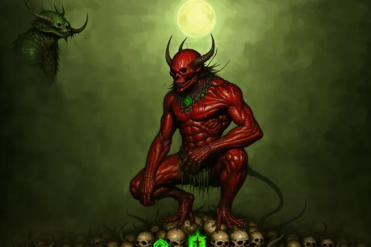 drawing of a red demon crouching in a pile of skulls, blood, ritual, summoning circle, medieval , dynamic pose
ink and watercolor painting, detailed, fantasy, muted color, (red and green tone)
art by Arthur Rackham,
best quality, (arielpstyle:1.0)
masterpiece,
dark, horror, creepy, creepy-looking,
<lora:arielp:1> <lora:add_detail:1>