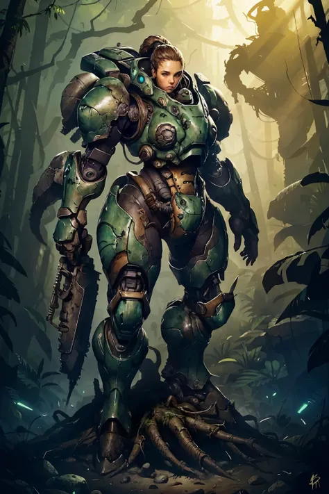 1 female sitting on a pile of skulls, Parrley_armor, in a suit of armor ,wearing Parrley_armor, big bulky futuristic armor
in the jungle, smokes, fires, green and brown tone,
fantasy, sci-fi,arielpstyle
dark, horror, creepy, creepy-looking, lovecraftian, grease, brush stroke, painting,
<lora:arielp:0.3> <lora:Parrley1:1>