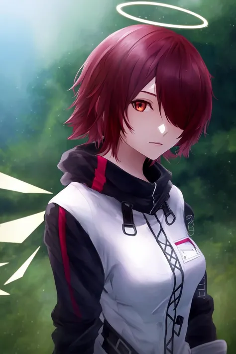 1girl, (((masterpiece))), looking at viewer, (((perfect anatomy))), <lora:Exusiai:1>, ((((exusiai)))), ((exusiai_\(arknights\))), white jacket, red hair, hair over one eye, halo, detached wings, outdoors, forest, facing viewer, ((upper body)), breasts,