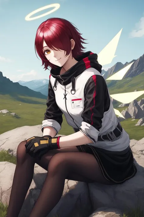 exusiai (arknights), exusiai, ((white jacket)), 1girl, solo, halo, red hair, short hair, pantyhose, jacket, looking at viewer, hair over one eye, fingerless gloves, gloves, black gloves, black pantyhose, smile, wings, closed mouth, skirt, black skirt, bangs, cowboy shot, blue sky, outdoors, mountain background, rocky terrain, facing viewer, belt, perfect anatomy, <lora:Exusiai:0.8>, extremely detailed background, sitting on rock, slight blush,