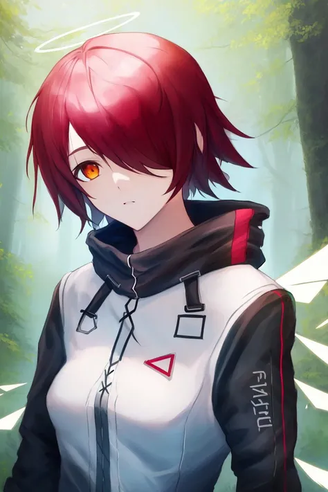 1girl, (((masterpiece))), looking at viewer, ((perfect anatomy)), <lora:Exusiai:1>, ((((exusiai)))), ((exusiai_\(arknights\))), white jacket, red hair, hair over one eye, halo, detached wings, outdoors, forest, facing viewer, upper body, breasts,