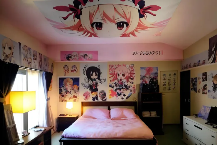 otaku_room, high res, masterpiece, (sfw) , (ceiling posters), <lora:otakuroom_V1b:0.5>, bed