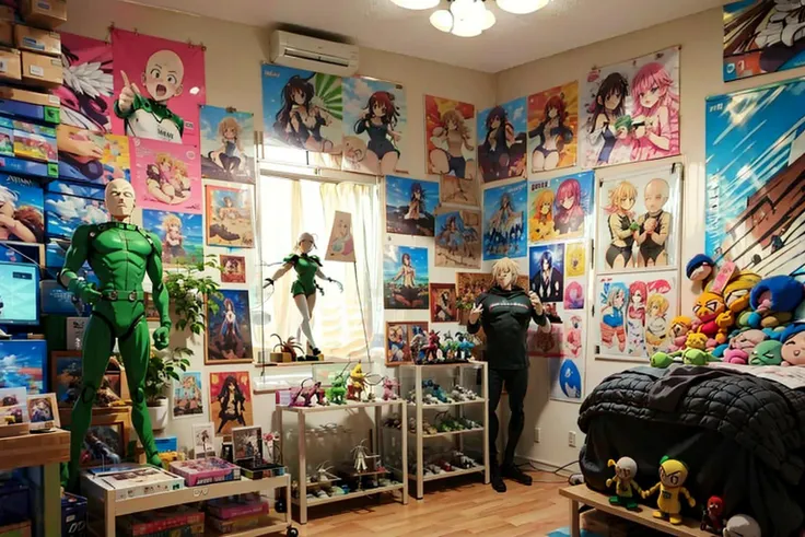 otaku_room:1.1, high res, masterpiece, one punch man, <lora:otakuroom_V1b:1>, (sfw), action figures, bring room, pastel color