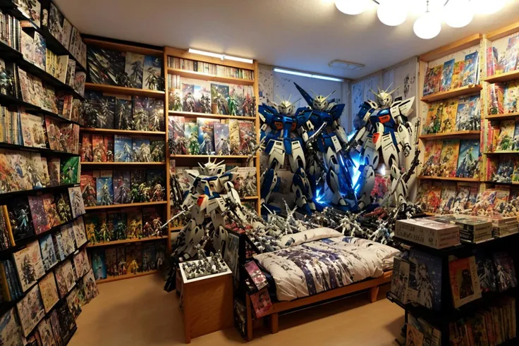 otaku_room, high res, masterpiece, (sfw) , action figures, books, display, bright room, (ceiling posters), <lora:otakuroom_V1b:0.8>, bed, ((gundam))