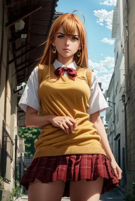 1 chica de escuela, chica escuela primera, bragas al aire, vista a los muslos, bragas de color rojo, cabello largo, cabello dos coletas a los lados