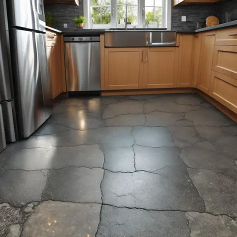 kitchen floor, fancy kitchen, stainless steel appliances, ASPHALT, CRACKS, highres, masterpiece, 8k, 4k, (realistic photo), (photorealistic:1.2), bokeh, <lora:wowifierXL:0.1>, <lora:asphalt-SDXL:1>