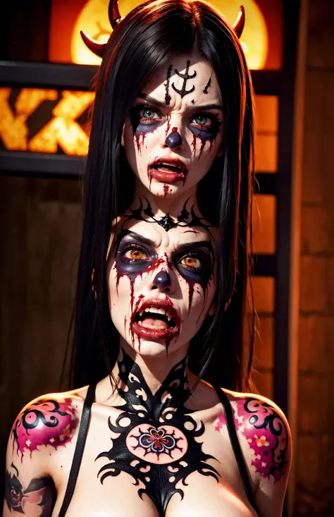 (cowboy shot:1.2), (random mordel_pose:1.1), (angry shout:1.2), (beauiful zombie women face mixed:1.2), (dead skin:1.2), (intricate detailed skin texture:1.2), (horror tatoo:1.1), (dead body:1.2), (32k:1.2), (upscaled:1.2), (cinematic lighting:1.2), (highres:1.2), (huge size eyes:1.2), (smart sharpen:1.2), (realistic background:1.2)