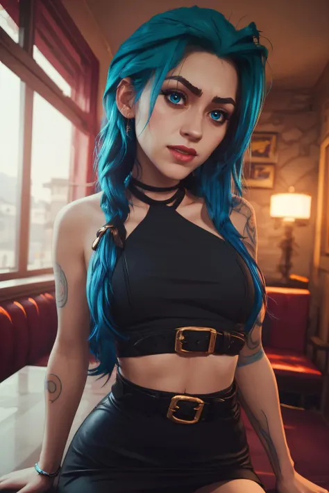 sexy, (detailed eyes), (detailed face), beautiful lady, (pov sitting across table:1.1), looking at viewer, sexy verdant dress, skin tight red, dress, blush, (naughty) (naughty smile:0.9), (smiling:0.9)
(mystical tattoo:0.9), (neck tattoo), ((narrow waist)), skinny, thin, (fit body:1.1), (perfect proportions:0.8), (perfect anatomy:0.8), red lipstick, (blue eyes:0.8), 
(cowboy shot:1.1),
(shiny skin), 
BREAK,
20 yo woman  <lora:Arcane_jinx-v4:1> j1nx101, 1girl, small boobs, small breasts, flat chested, (blue crop top:0.8),  blue hair, 
BREAK,
good hands, detailed hands, anatomical hands,
(beautiful composition:1.1), masterpiece, fantasy, sexy, petite, soft glow, polished, clean image, <lora:epi_noiseoffset2:1> gorgeous, stunning, triadic colors, high contrast, Vivid color, dark,
<lora:CONCEPT_pov_dating_ownwaifu:1> (concept_pov_dating_ownwaifu:1.1), www.ownwaifu.com, 1girl, solo, looking at viewer, breasts, sitting at table <lora:more_details:0.2>, perfect teeth, overlooking beautiful tropical island beach view, (volumetric lighting), (dynamic lighiting), godrays, Rembrandt lighting, real shadows, intricate detail, photorealistic, photograph, photo, dlsr, Fuji Film, extremely high detail, detailed skin texture, (blush:0.2), (goosebumps:0.3), subsurface scattering