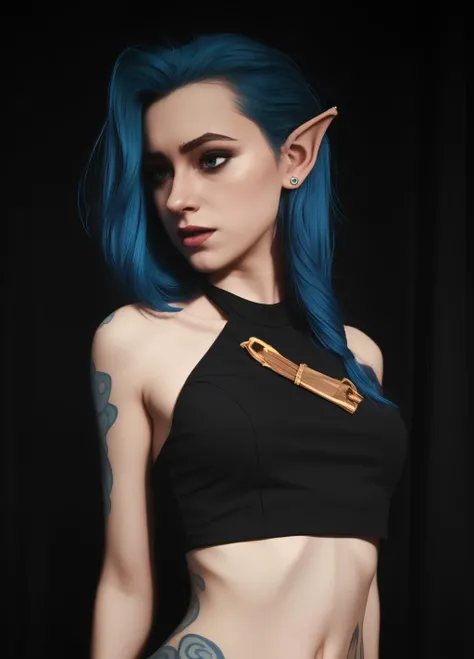 <lora:Arcane_jinx-v4:0.8> j1nx101, 1girl, (blue crop top:0.8), blue hair,
BREAK,
fantasy, magical, (pointy ears), thin, slender, fit body, hetero, (mystical tattoos)
<lora:epi_noiseoffset2:1> <lora:breastsizeslideroffset:0.1> 20 yo woman, (volumetric lighting), (dynamic lighiting), godrays, Rembrandt lighting, real shadows, intricate detail, photorealistic, photograph, photo, dlsr, Fuji Film, extremely high detail