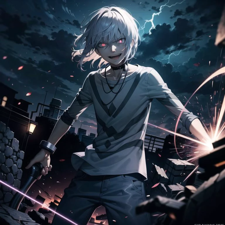masterpiece, accel_ws, (mad face:1.2), (crazy smile:1.3), crutch, glowing red eyes, closeup shot, whirling wind, lightning around character, night <lora:accelerator2:1> <lora:aFantasyColorLORA_aFantasyColorLORAV2:0.3>, complex background, highly detailed, (gloomy:1.3), dark, dimmed, hdr, vignette, grimy