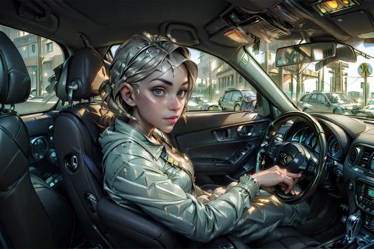 <lora:DollarWorld:1.0> (DollarWorld:1.1) (1woman in a car :1.3) in a cyber money city