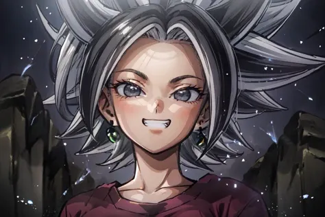 kefladb, 1girl, solo, looking at viewer, smile, black hair, potara earrings, red tight pants, grey eyes, looking down, spiked hair, portrait, close-up, aura, eyelashes, eyebrows, from below, pupils, red crop top, white_highlights, ultra instinct \(sign\), white aura, teeth, glowing aura
<lora:kefla:0.9>