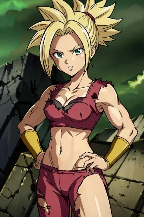 kefladb, 1girl, black bra, strapless bra, blurred background, bare_shoulders, solo, breasts, navel, cleavage, bare shoulders, medium breasts, midriff, tight pants, covered nipples, crop top, groin, torn clothes, hands on hips, head out of frame, vambraces, bracer, torn pants, red crop top, red tight pants, yellow armwear, green sky, collarbone, toned, short sleeves, glowing skin, super saiyan, blonde hair, spiked hair, green eyes, ponytail, white scrunchie,
<lora:kefla:0.8>
