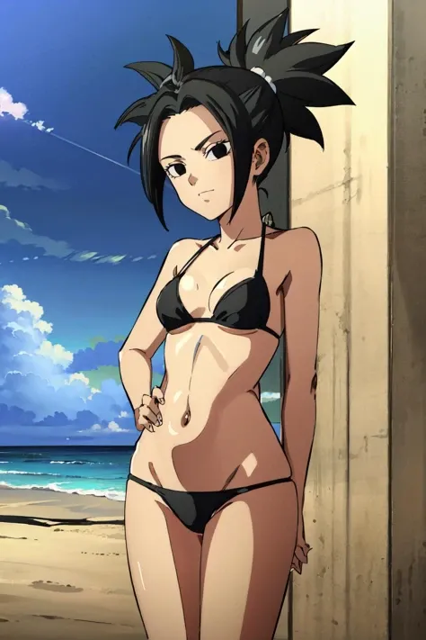 masterpiece,
kefladb, 1girl, solo, black hair, black eyes, bikini, spiked hair, ponytail, white scrunchie,
<lora:kefla:0.8>