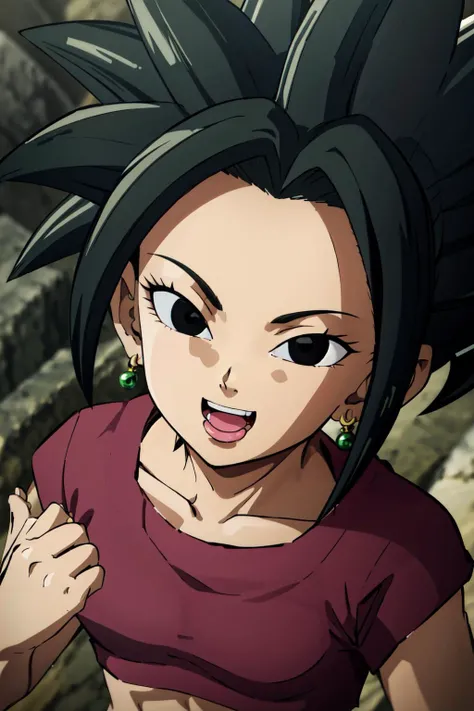 kefladb, 1girl, solo, looking at viewer, smile, open mouth, black hair, potara earrings, crop top, laughing, teeth, black eyes, close-up, tongue, small_breasts, spiked hair, red crop top, no pupils, slim, looking up at viewer, from above, collarbone, eyebrows, eyelashes, clenched hand
<lora:kefla:0.8>
