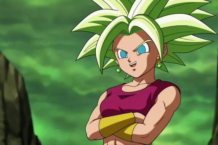 source_anime, score_9, score_8_up, score_7_up, anime screencap,
kefladb, 1girl, solo, looking at viewer, smile, open mouth, blue eyes, navel, potara earrings, red tight pants, green hair, midriff, crop top, muscular, crossed arms, abs, spiked hair, aura, super saiyan, blonde eyebrows, blurred background, collarbone, eyebrows, eyelashes, cowboy shot, green sky, no pupils, red crop top, small_breasts, shadow, standing, toned, v-shaped eyebrows, yellow armwear, red tight pants,
 <lora:kefla_pony_v1:0.8>