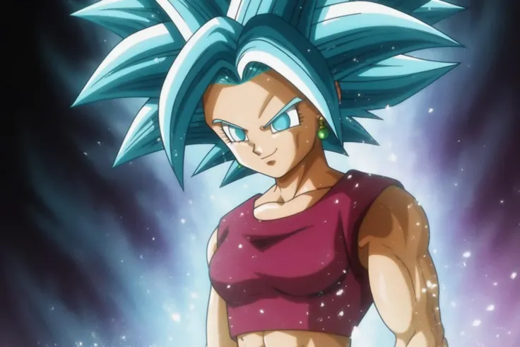 source_anime, score_9, score_8_up, score_7_up, anime screencap,
kefladb, 1girl, solo, smile, blue eyes, potara earrings, closed mouth, blue hair, upper body, red tight pants, muscular, red crop top, spiked hair, aura, blue aura, super saiyan blue, serious, sleeveless, no pupils, muscular female, looking at another, eyelashes, blue eyebrows, collarbone, biceps, arms at sides
<lora:kefla_pony_v1:0.8>