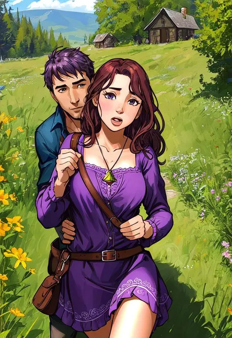 (((a man and a woman getting a man penis, blowjob, highly detailed, high definition,))),A petite fairy with wavy auburn hair and hazel eyes. Her wings are a deep purple color and are edged with silver. She wears a dress of gossamer fabric in shades of purple and green, and carries a small satchel filled with magical artifacts. She resides in a cozy cottage nestled in a wildflower meadow, where she creates potions and casts spells to help those in need.