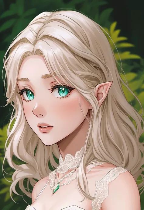 A fragile elven maiden with pale skin and delicate features that seem almost too perfect to be real. Her hair is a cascade of platinum blonde that falls in gentle waves around her shoulders, and her eyes are a deep, rich green that seem to glow with an inner light. She wears a simple gown of pale pink, adorned with delicate lace and a silver necklace that glitters in the moonlight