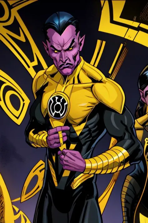 sinestro, 1male, ((black sclera)), yellow irises, widow's peak, cowboy shot, business suit, tie, office background