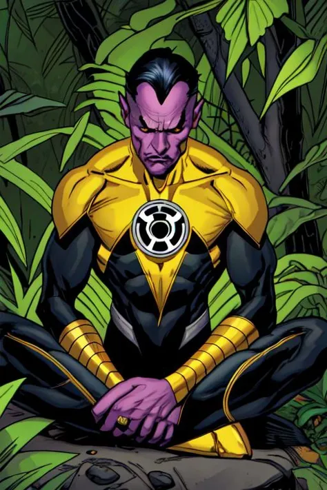 sinestro, 1male,solo, ((black sclera)), yellow irises, widow's peak, sitting cross-legged, in forest, plants, meditating,
 <lora:Sinestro-10:1>