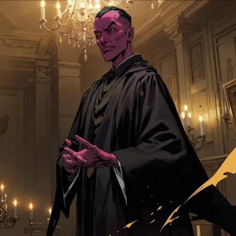 sinestro, 1male,solo, ((black sclera)), yellow irises, widow's peak, cowboy shot, ((((black robes)))), green tie, (((ballroom background))), chandelier, splendor,
