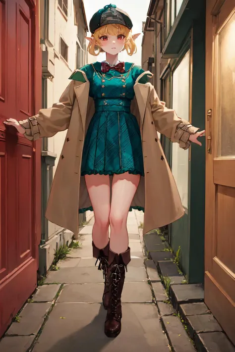 masterpiece, (detailed, highres, best quality), 1girl, <lora:sppomuRainpuff-10:1> pomu4st, deerstalker, red bow, coat, green dress, black boots