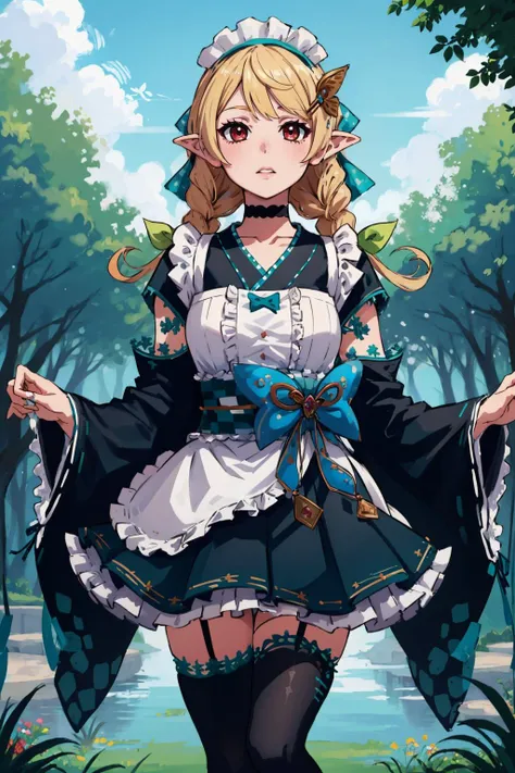 masterpiece, best quality, <lora:sppomuRainpuff-10:1> pomu2st, hair bow, butterfly hair ornament, black choker, maid headdress, wa maid, black kimono, maid apron, checkered sash, frills, white thighhighs, standing, arms at sides, looking up, green sky, fantasy, forest