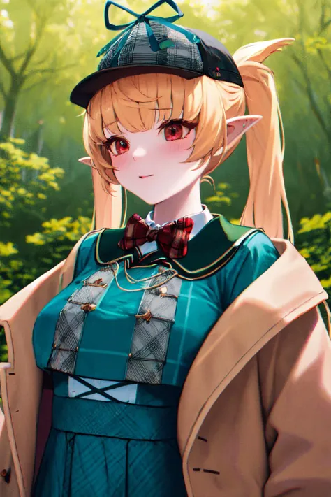 masterpiece, (detailed, highres, best quality), 1girl, <lora:sppomuRainpuff-10:1> pomu4st, deerstalker, red bow, coat, green dress, upper body