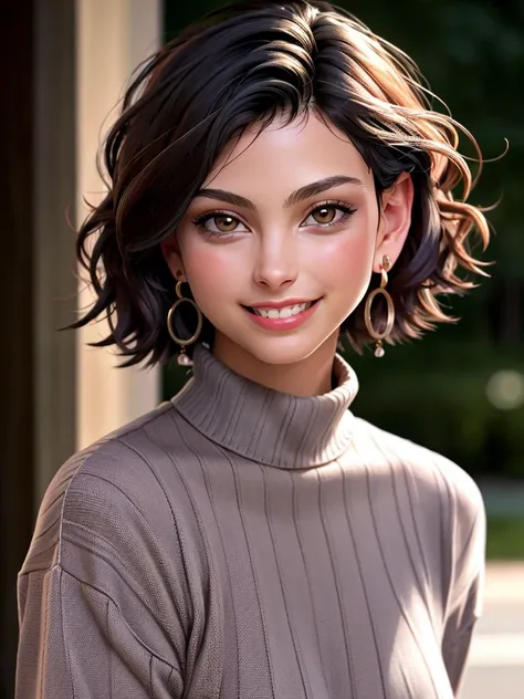 Realistic photo of a beautiful m0r3n4b woman,1girl,solo,looking at viewer,smile,short hair,black hair,turtleneck sweater,brown eyes,jewelry,upper body,earrings,teeth,grin,lips,realistic,soft lighting, professional Photography, Photorealistic, detailed, RAW, analog, sharp focus, 8k, HD, high quality, masterpiece<lora:m0r3n4b:1.0>