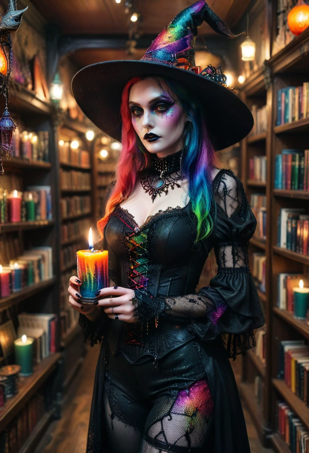 witch, holding a candle wearing (ral-clrflspr:1.2), heavy dark makeup, black eyeliner, gothic, fishnets, bookstore, intricate details, medium long shot, sfw, whimsical, enchanted, tale, magical, fantasy art concept, vivid colors, colorful <lora:ral-clrflspr:0.95>
