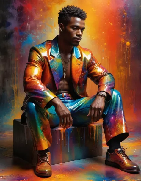 Grunge Art, Malcolm, he is dressed in Methaphysical painting fashion style ral-clrflspr, sitting with back arched, <lora:ral-clrflspr:0.7>, highly color focused, warm light, beautiful composition, rich vivid colors, beautiful detailed, sunny, dynamic, beautiful detailed supreme quality color intricate, vivid colors, intricate artistic color