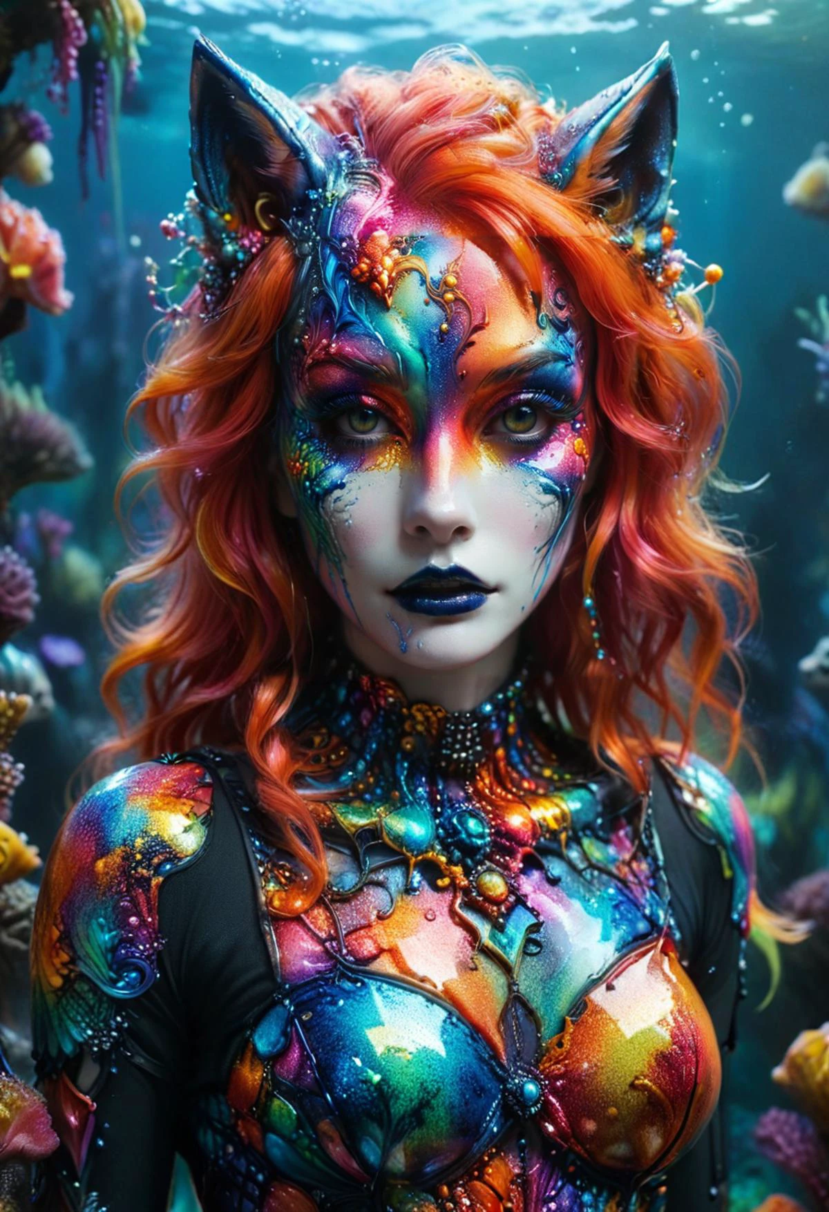 anthro fox woman wearing (ral-clrflspr:1.2), heavy dark makeup, black eyeliner, gothic, fishnets, under the sea, intricate details, medium long shot, sfw, whimsical, enchanted, tale, magical, fantasy art concept, vivid colors, colorful <lora:ral-clrflspr:0.95>