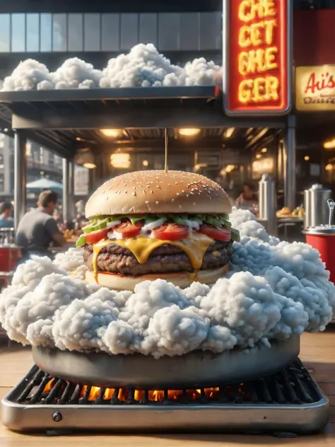 ais-cloudz cheeseburger with extra toppings, sizzling on a grill in a bustling city diner <lora:Cloudz_Style_SDXL:1>