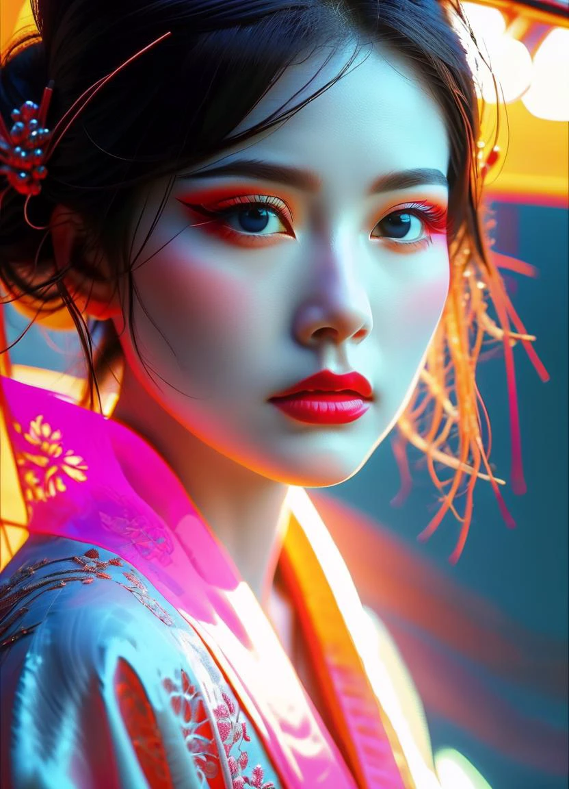 portrait of a Japanese geisha, white painted face, dramatic winged black eyeliner, black lips, serious look, backlit with neon lights <lora:MJ52:0.8> <lora:Cloudz_Style_SDXL:0.5> ais-cloudz, subsurface scattering, Photorealistic, Hyperrealistic, analog style, realistic, film photography, soft lighting, heavy shadow, Ombre color scheme of neon orange, neon pink, neon blue, neon yellow, neon green,