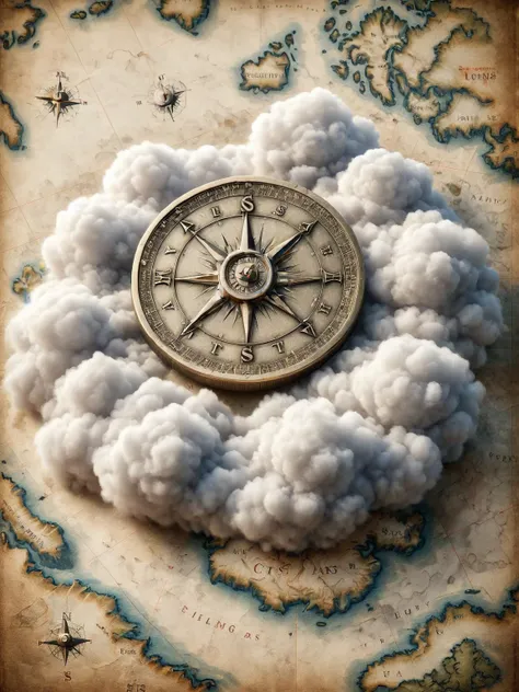 ais-cloudz ancient lucky coin resting on an old map with a compass <lora:Cloudz_Style_SDXL:1>